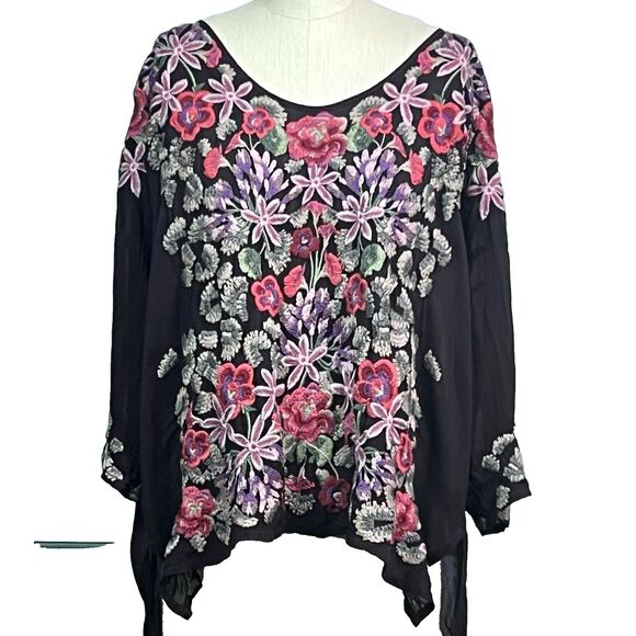 Johnny Was Leopard Rose Embroidered Blouse Flowy Cupra Rayon Deep Burgundy Med - Picture 1 of 13